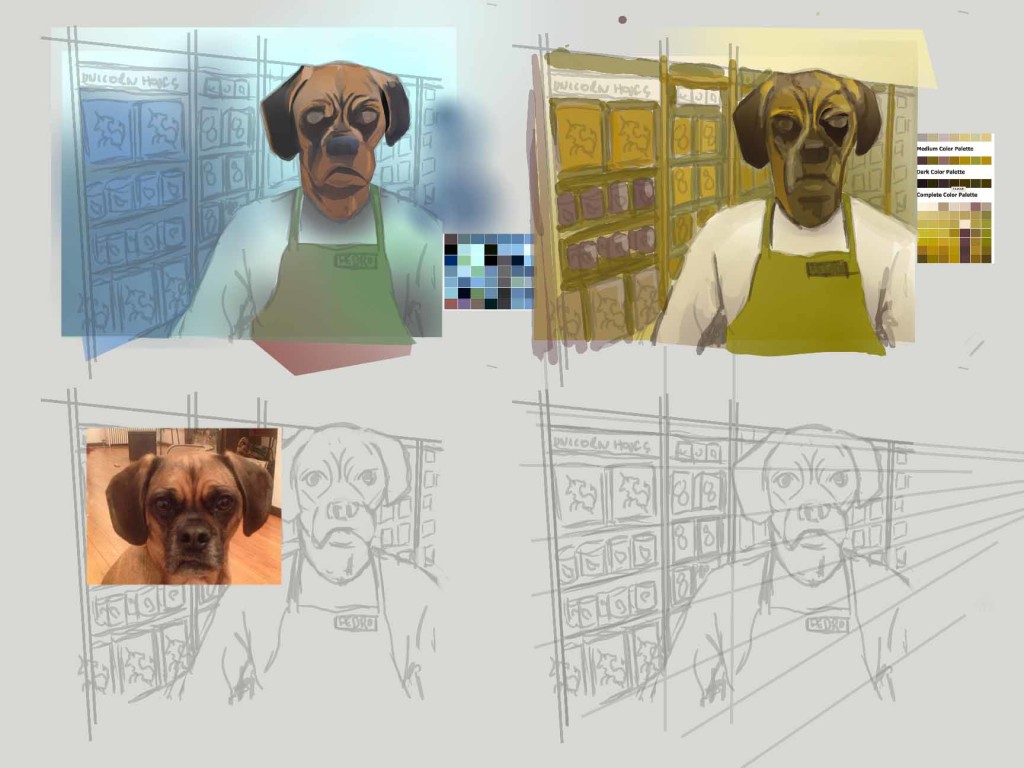 Color Studies and working out perspective for painting of dog