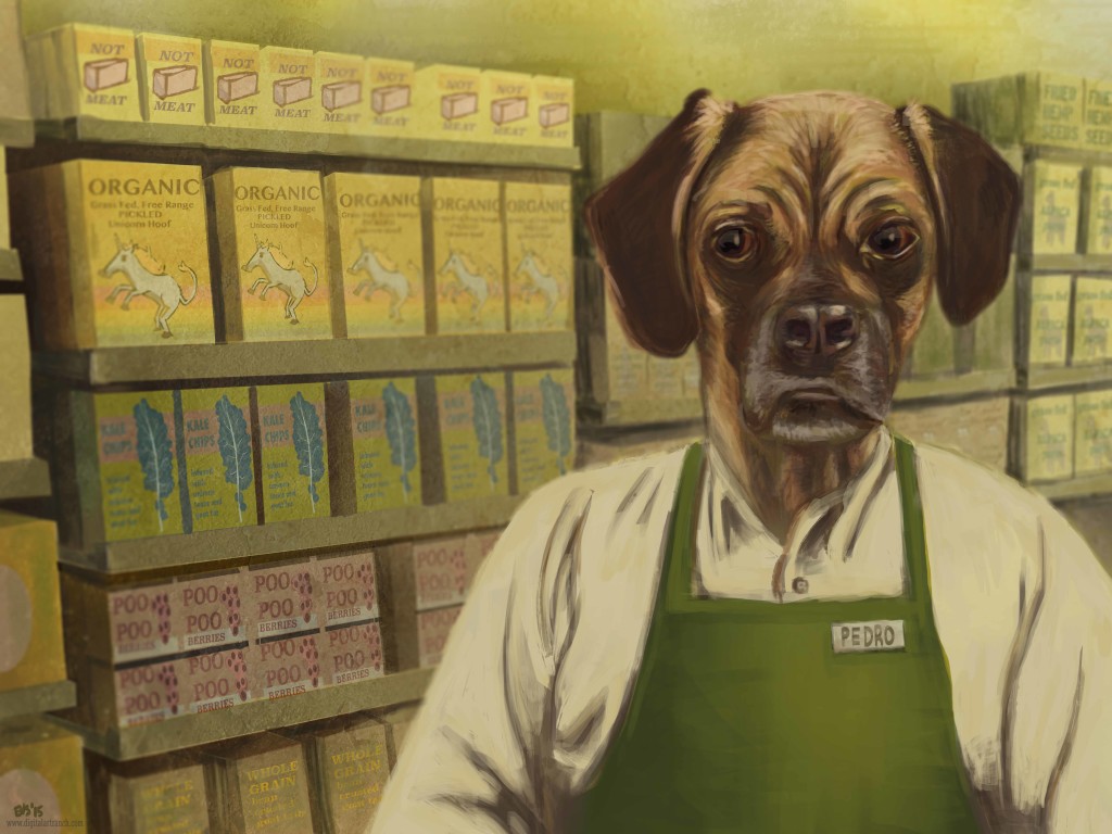 Digital painting of Dog in Grocery store Co-Op